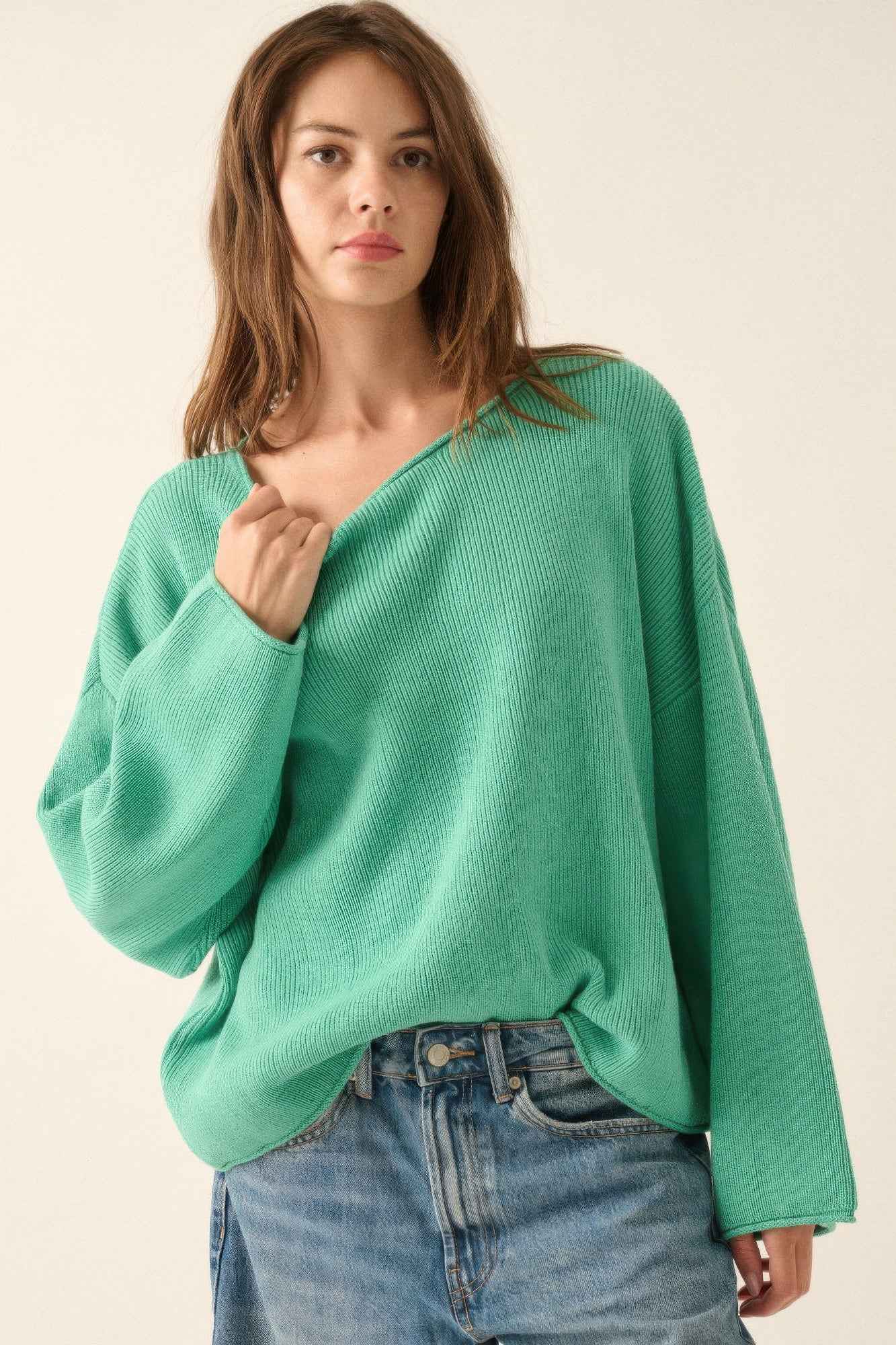 Solid Rib-knit Oversized Boatneck Sweater - Pikemla