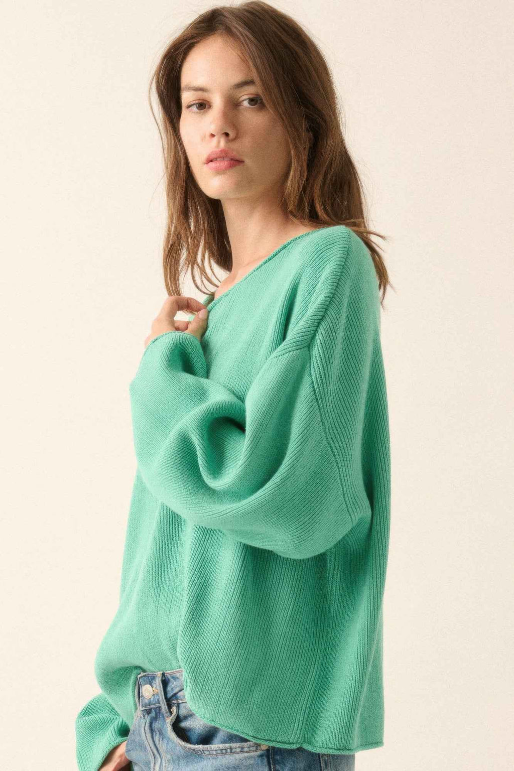 Solid Rib-knit Oversized Boatneck Sweater - Pikemla