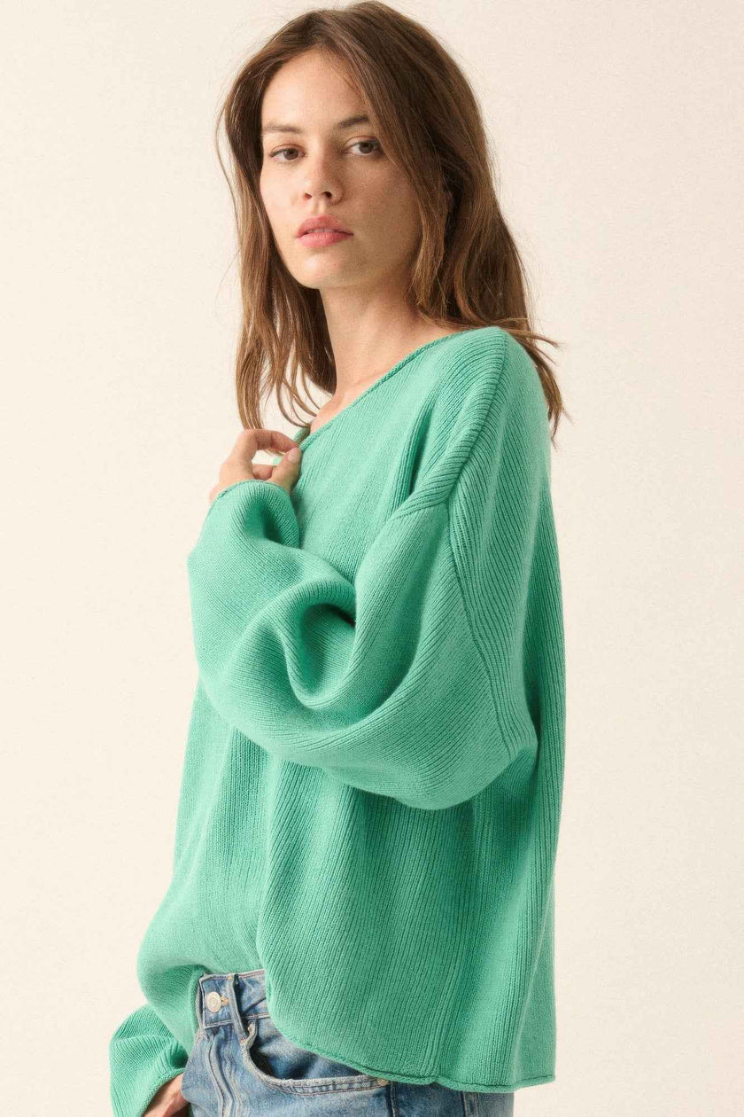 Solid Rib-knit Oversized Boatneck Sweater - Pikemla