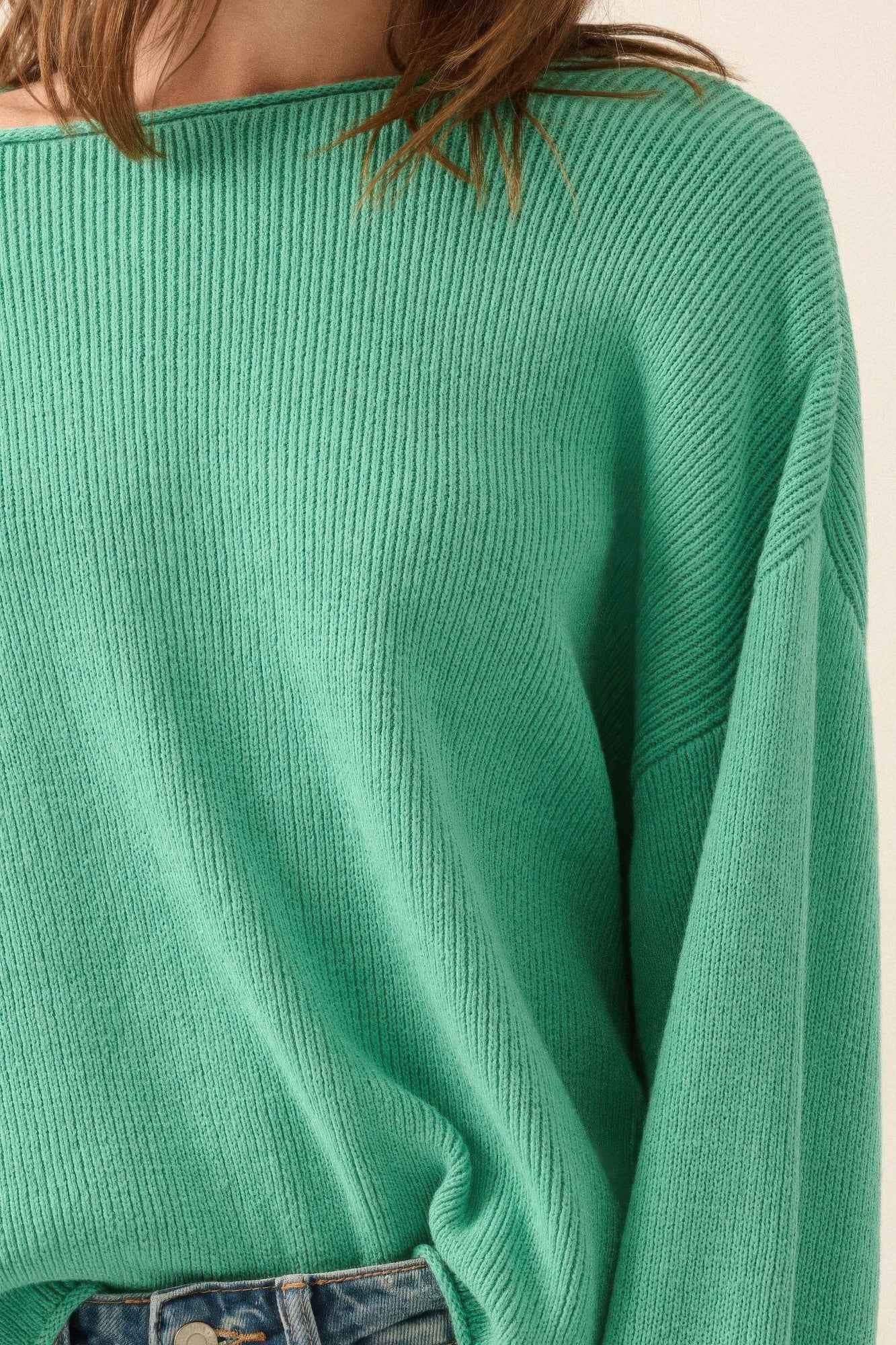 Solid Rib-knit Oversized Boatneck Sweater - Pikemla