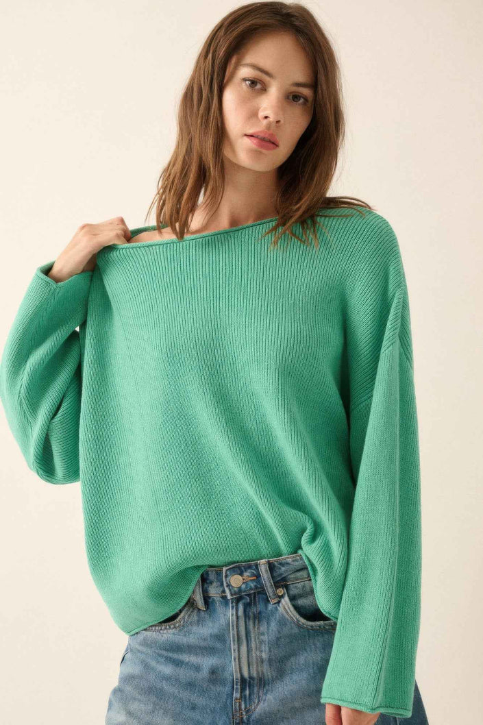 Solid Rib-knit Oversized Boatneck Sweater - Pikemla