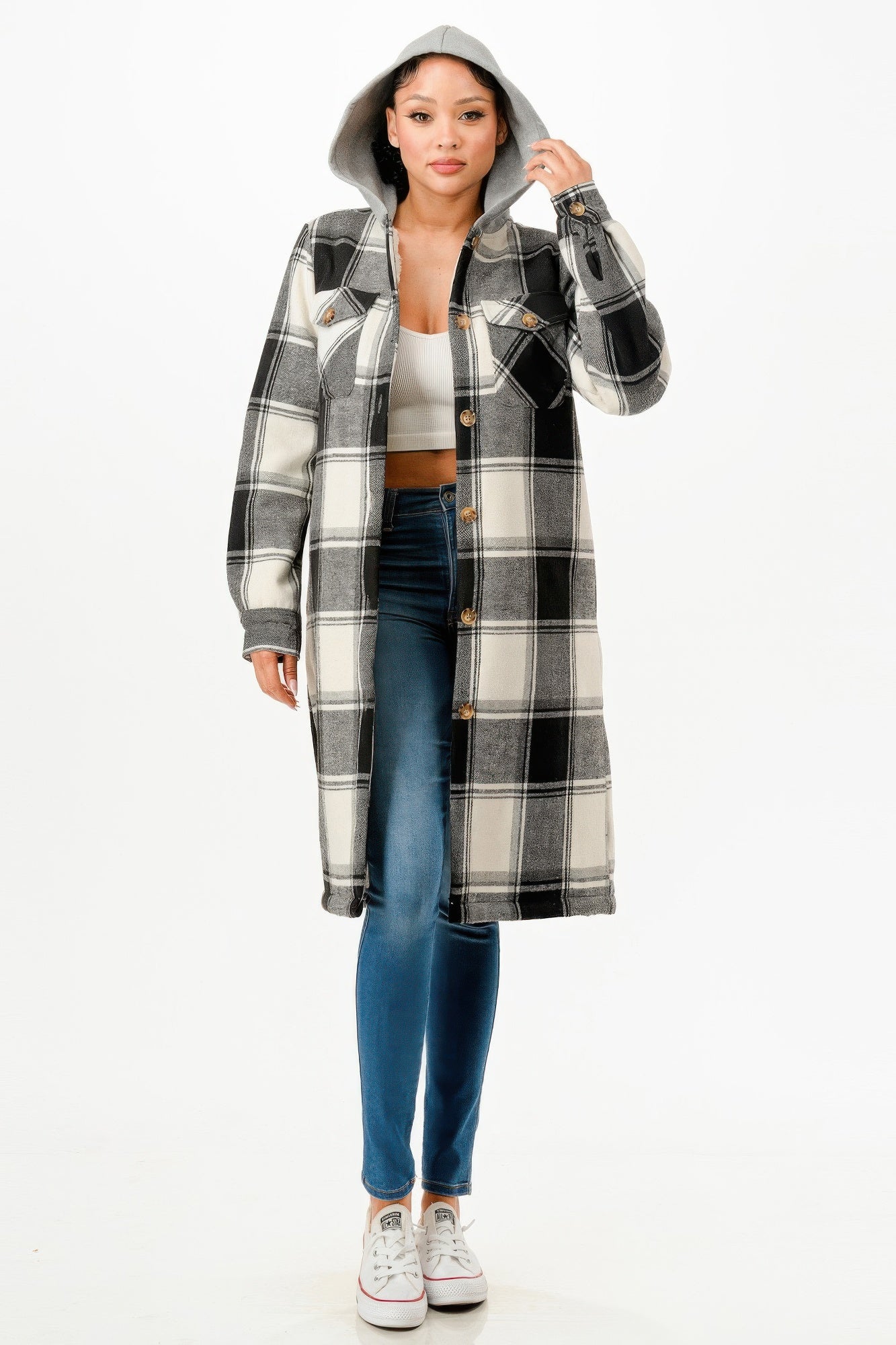 Hooded Plaid Coat - Pikemla