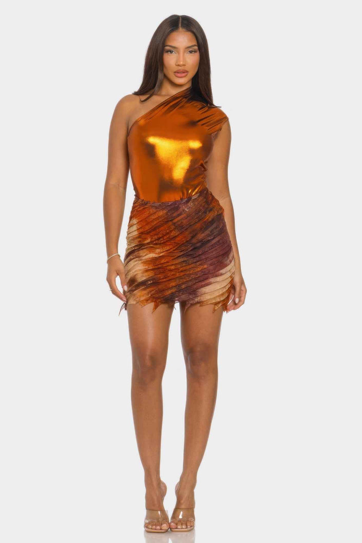 Metallic One Shoulder Bodysuit & Mini Skirt Set