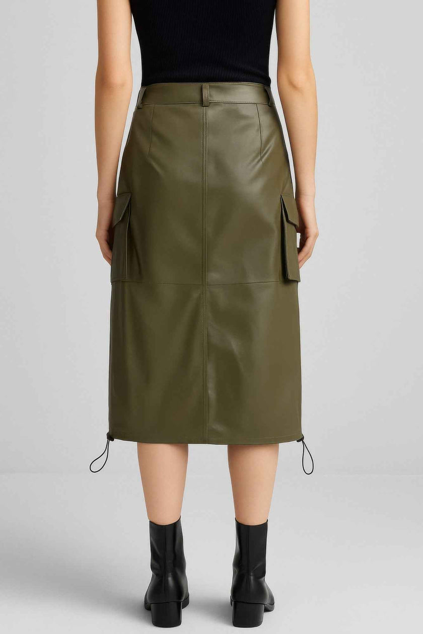 Pu Side Pockets Midi Skirt