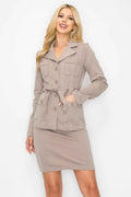 Ls Belted Button Up Jacket & Pencil Skirt Set