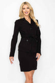 Ls Belted Button Up Jacket & Pencil Skirt Set