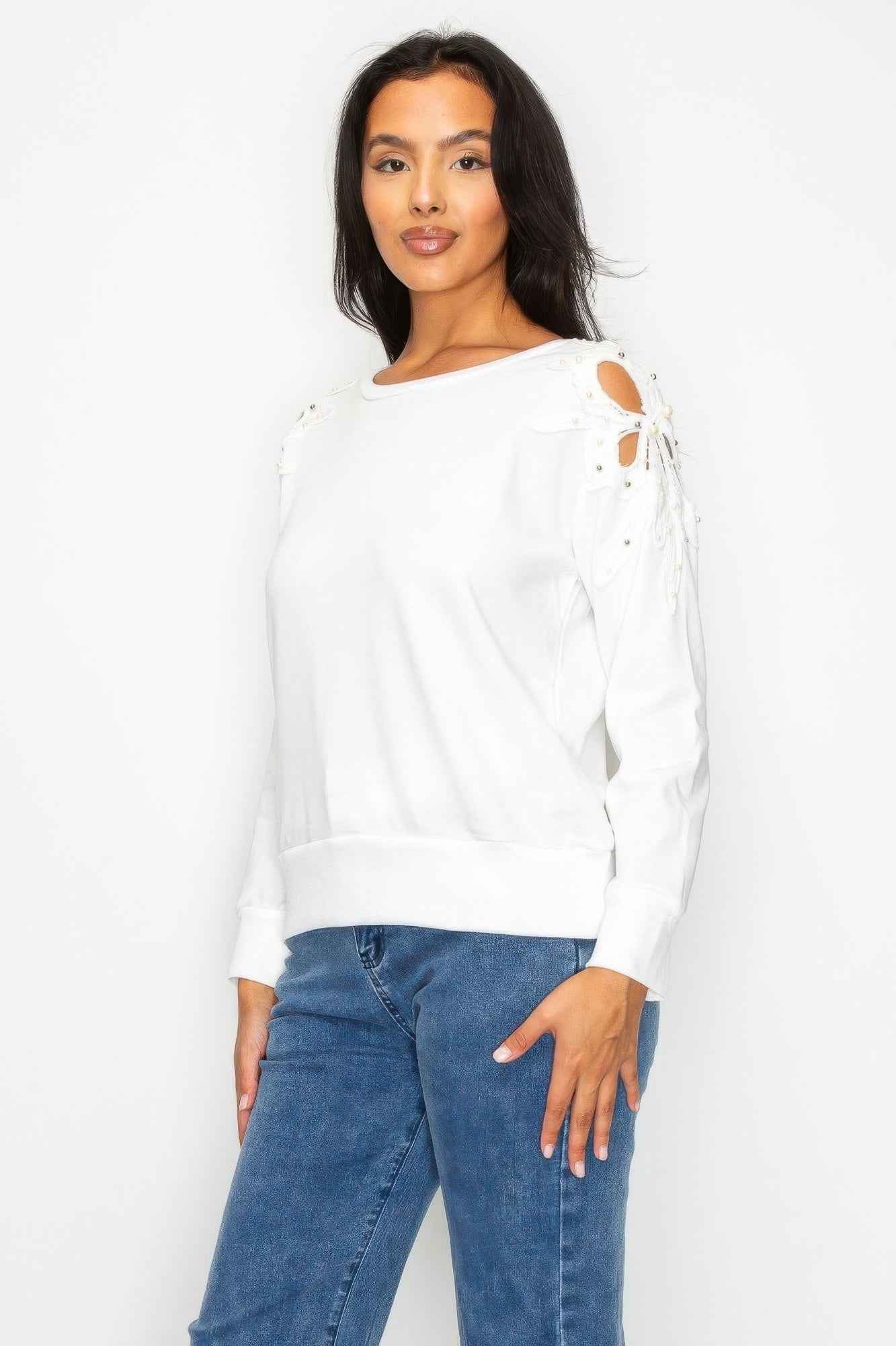 Solid Pear Bead Flower Patch Cut Out Sweatshirt