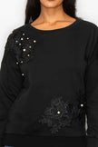 Faux Pearl Beaded Floral Patch Crewneck Sweatshirt