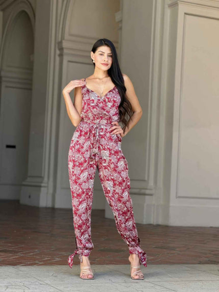 V Neck Sleeveless Paisley Jumpsuit With Tie Waist