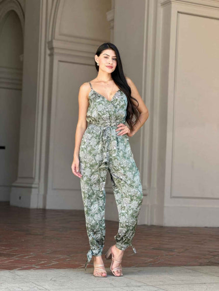 V Neck Sleeveless Paisley Jumpsuit With Tie Waist