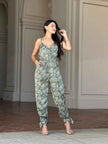 V Neck Sleeveless Paisley Jumpsuit With Tie Waist