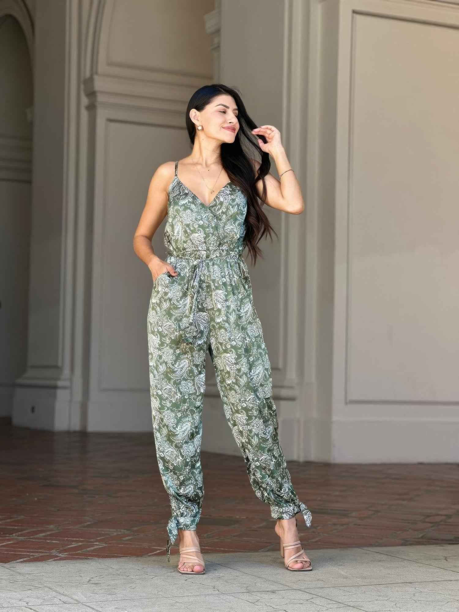 V Neck Sleeveless Paisley Jumpsuit With Tie Waist