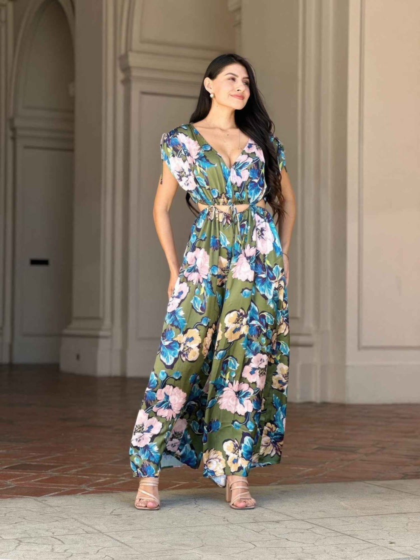 Satin Floral Cut Out Straight Leg Jumpsuit