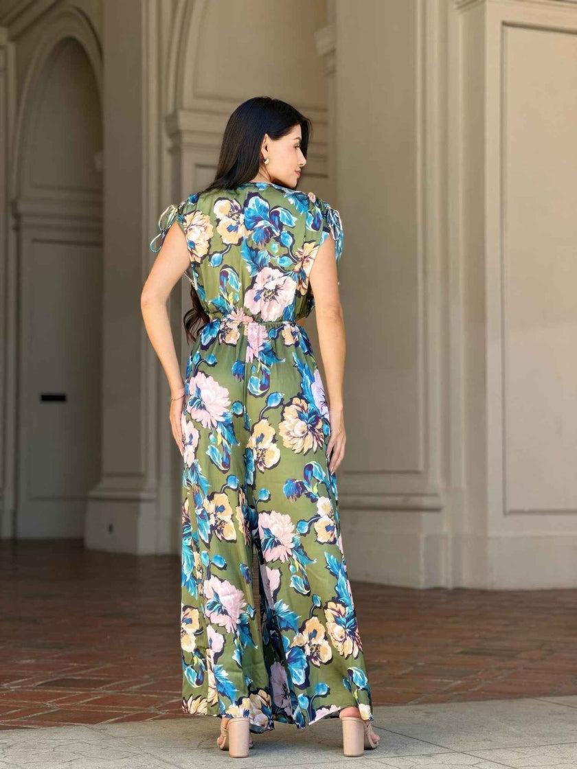 Satin Floral Cut Out Straight Leg Jumpsuit
