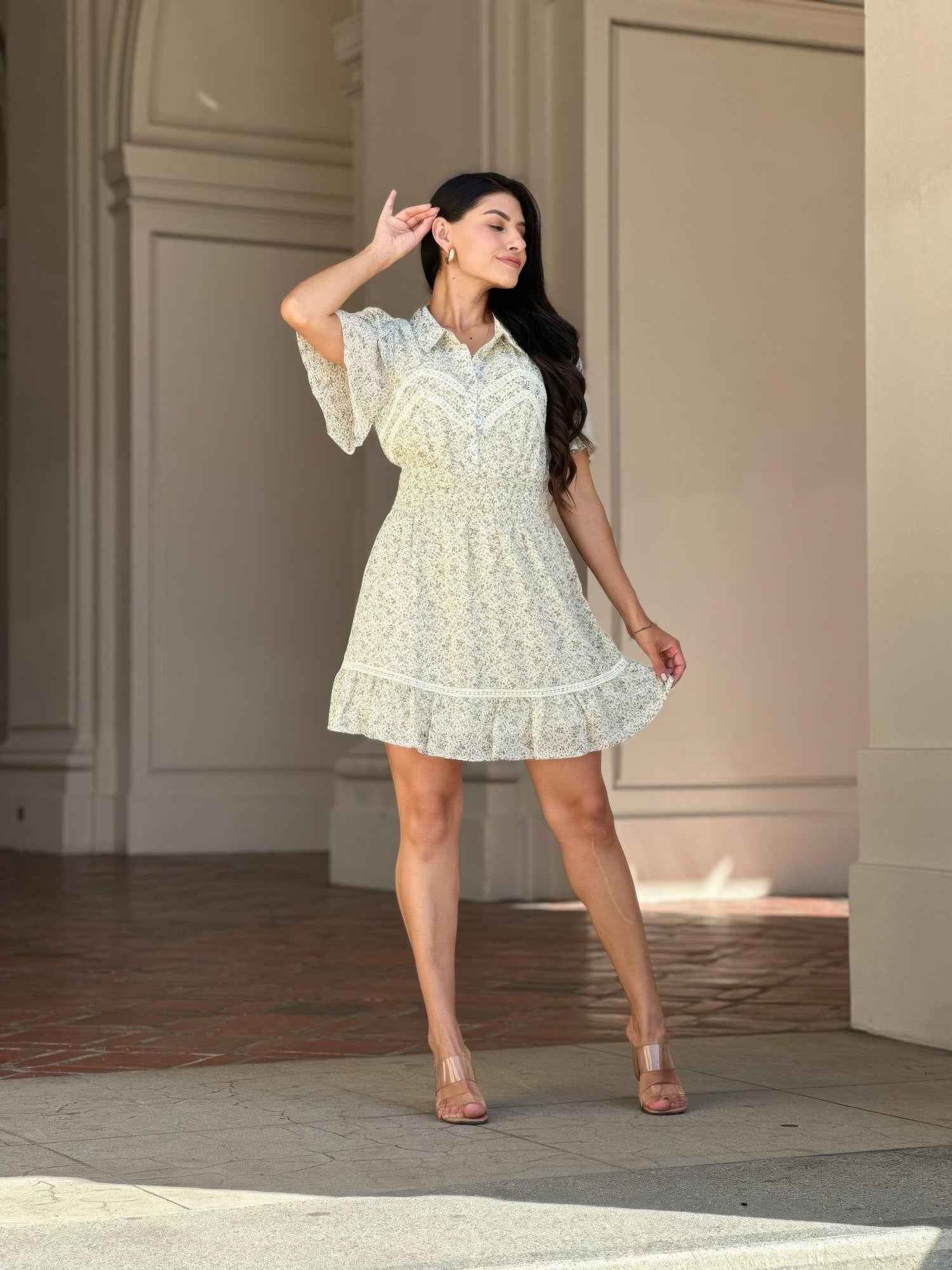 Floral Print Saffy Lace Smocking Waist Mini Dress