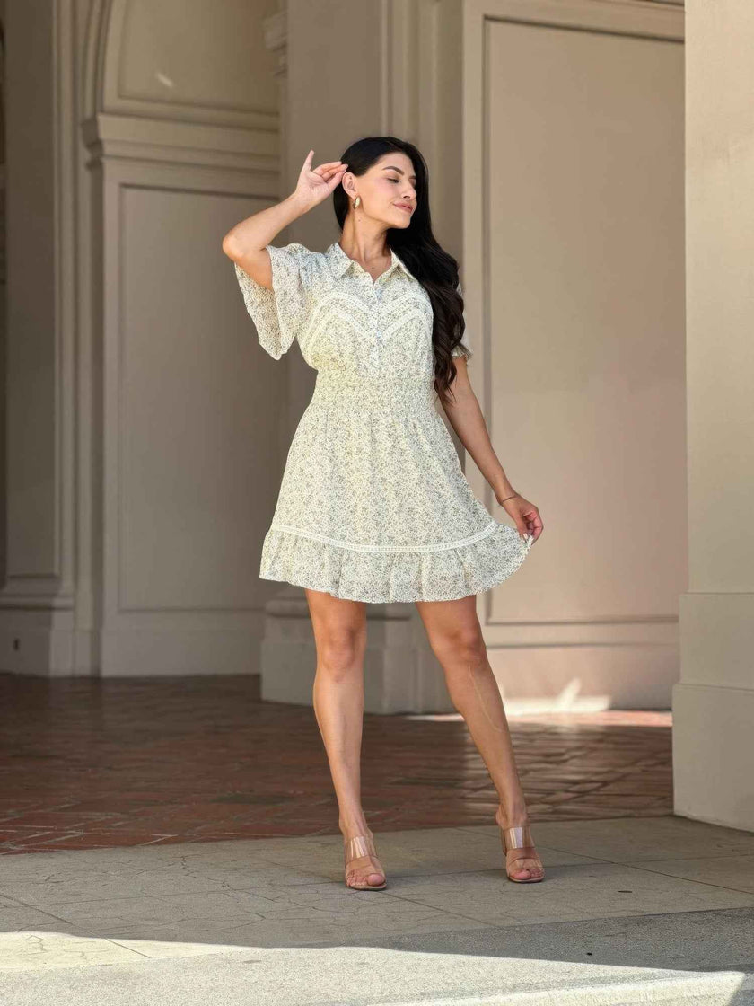 Floral Print Saffy Lace Smocking Waist Mini Dress