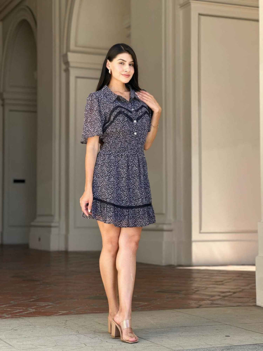 Floral Print Saffy Lace Smocking Waist Mini Dress