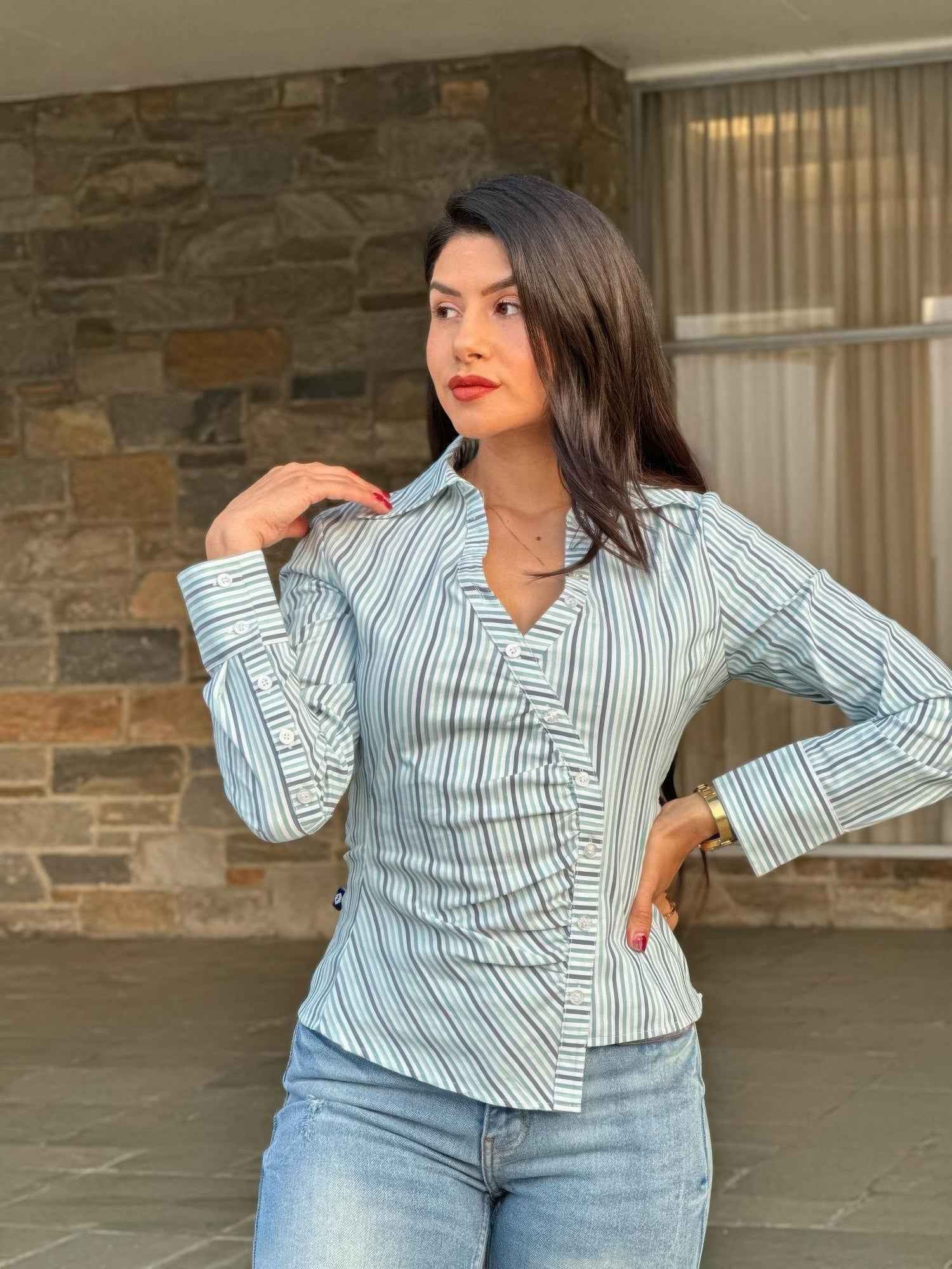 Stripe Asymmetric Button-down Detail Ls Blouse