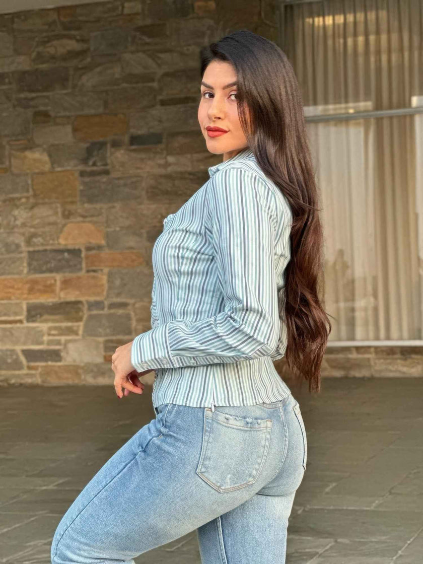 Stripe Asymmetric Button-down Detail Ls Blouse