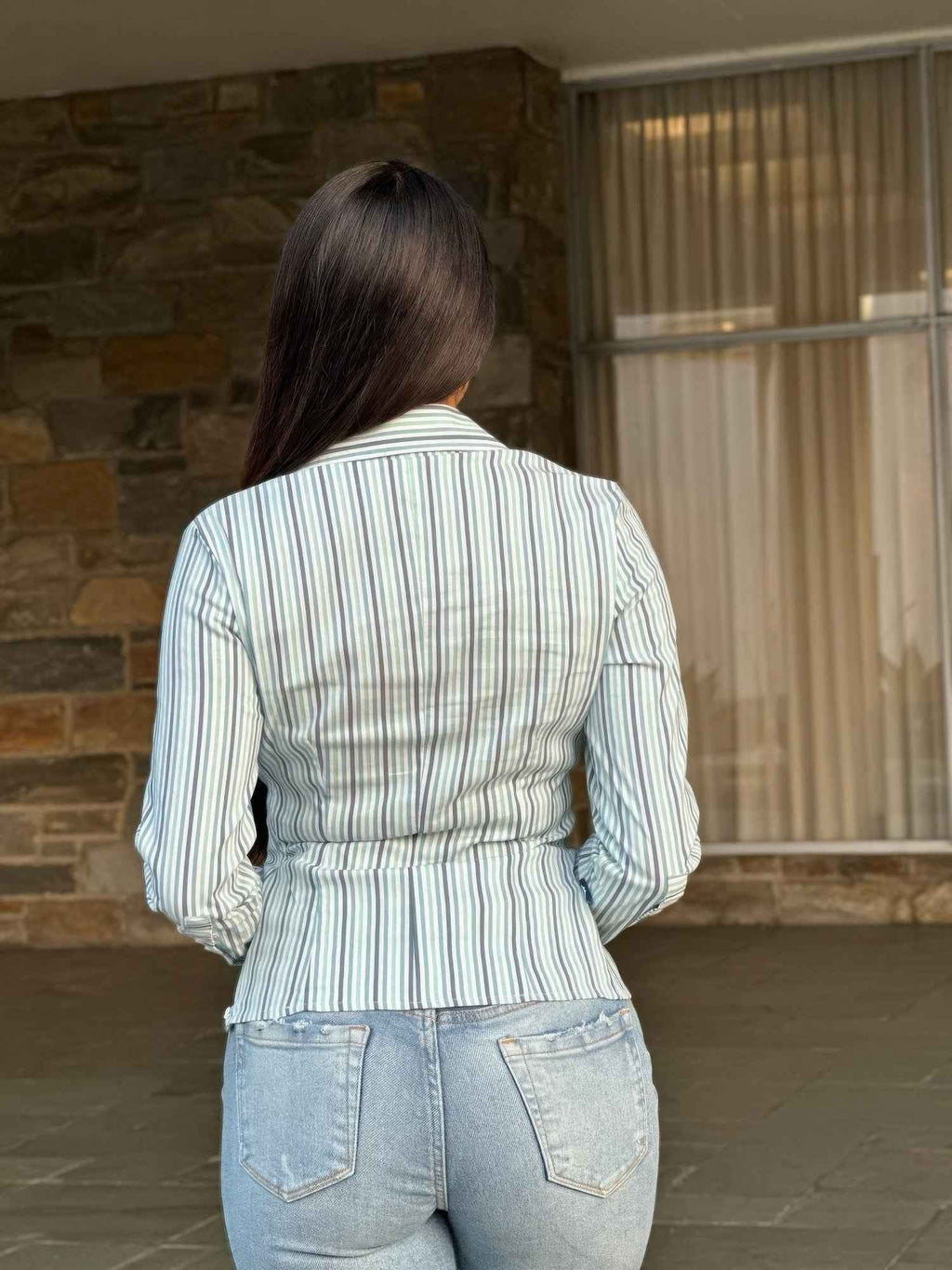 Stripe Asymmetric Button-down Detail Ls Blouse