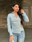 Stripe Asymmetric Button-down Detail Ls Blouse