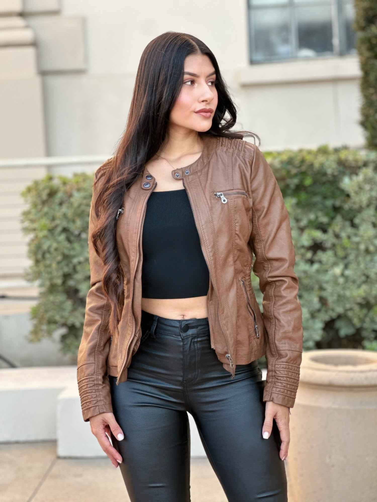 Woman Fashion Hooded Faux Leather Jacket