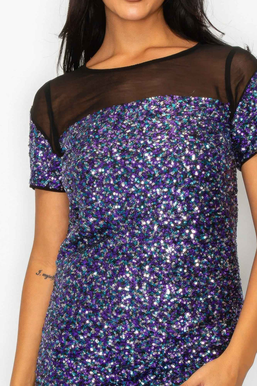 Sparkle Sequins & Mesh Cap Sleeve Mini Dress