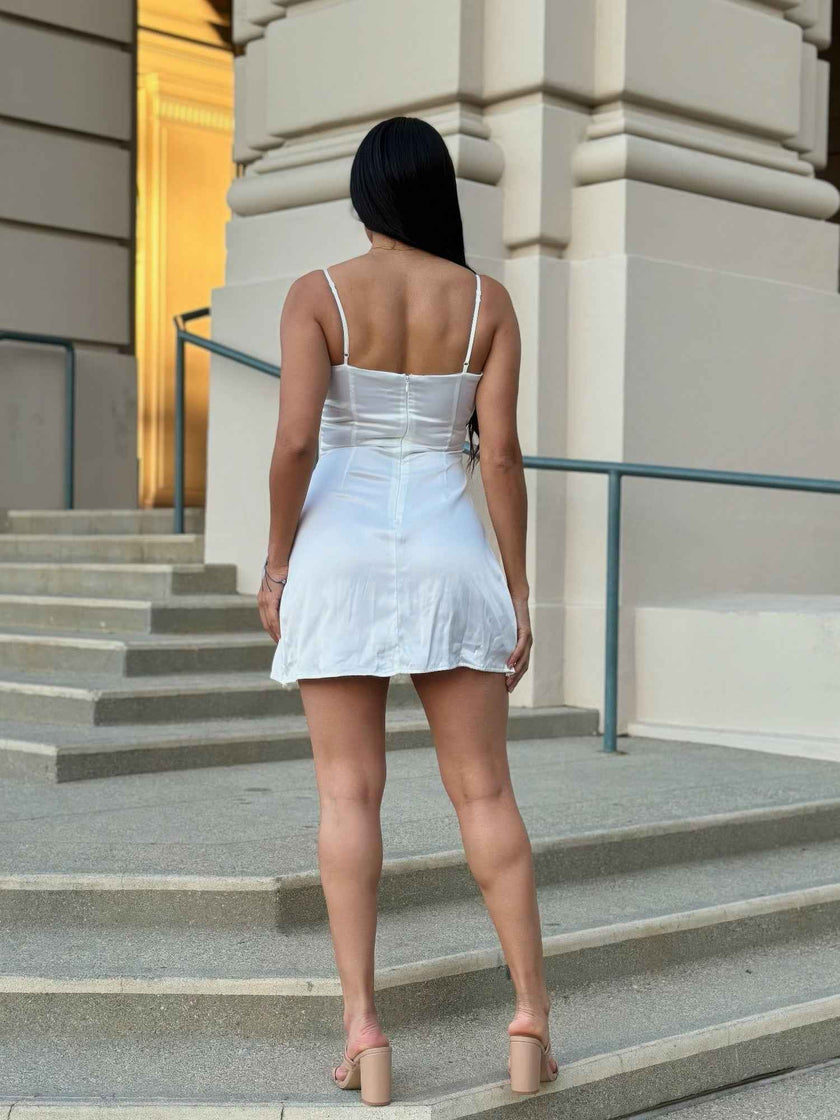 Sexy Party Satin Wrap Like & Lace Nude Mini Dress