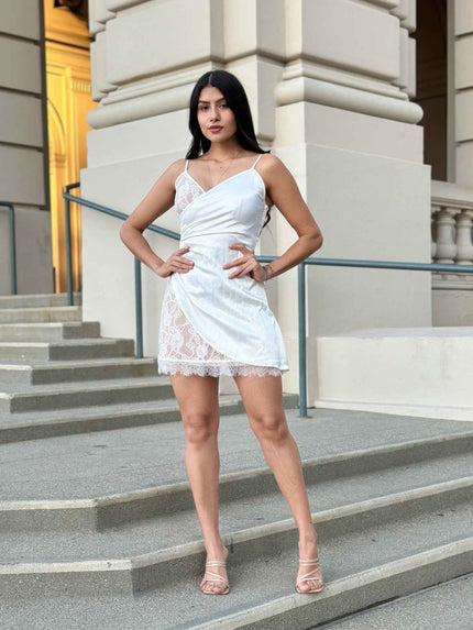 Sexy Party Satin Wrap Like & Lace Nude Mini Dress