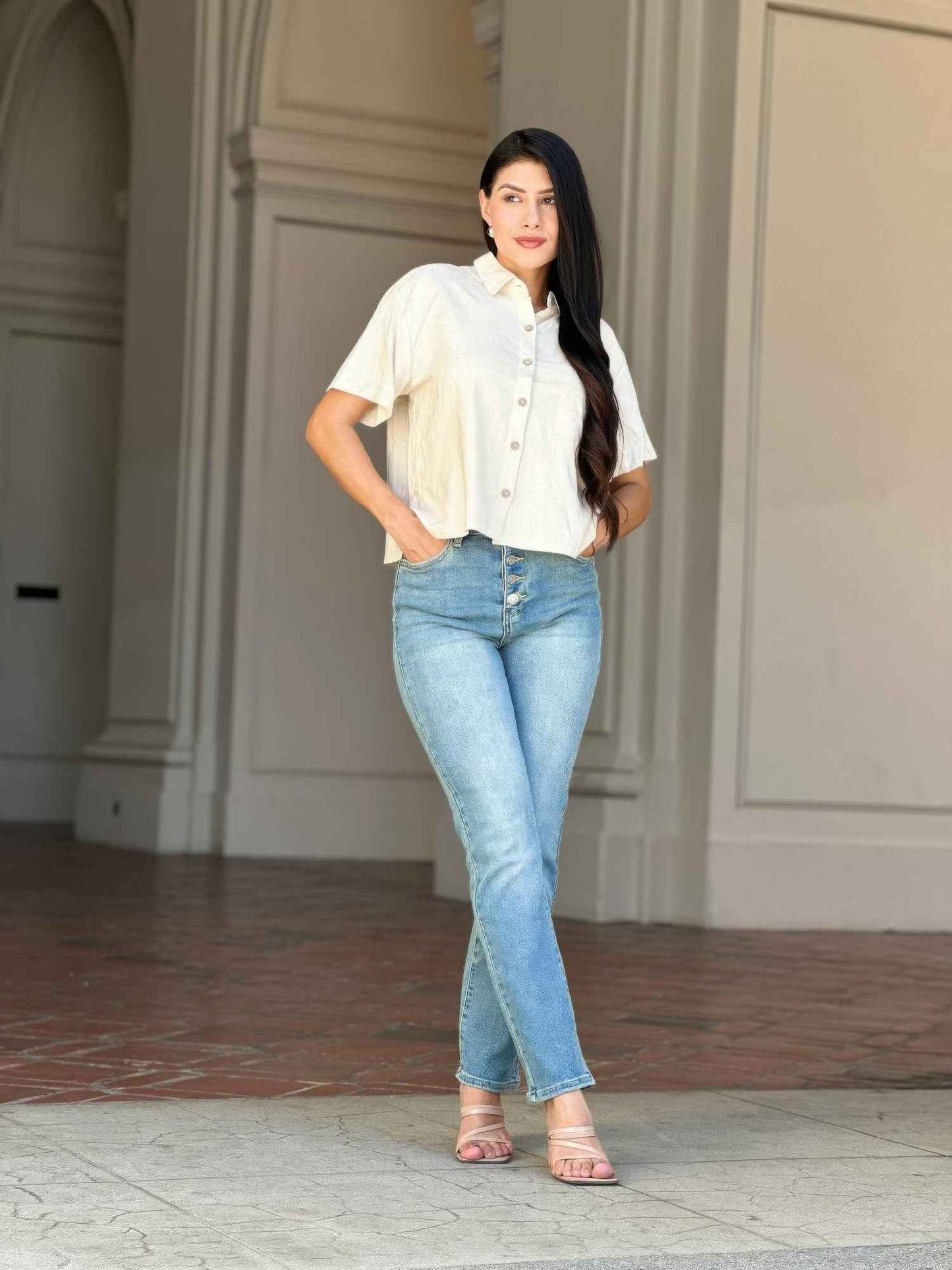 High Rise Cigarette Button Fly Straight Denim Jean