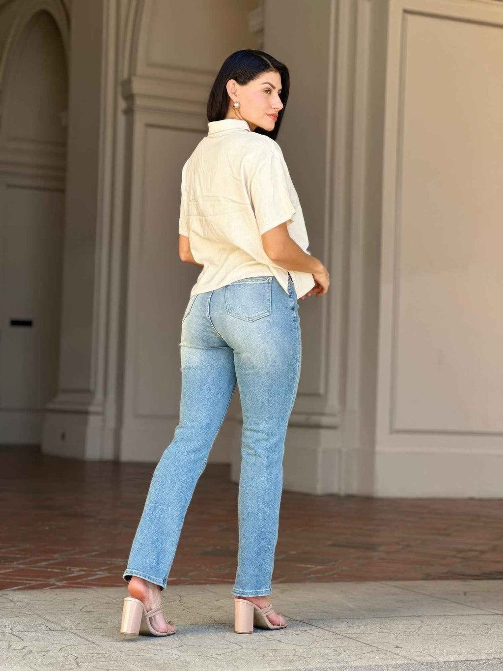 High Rise Cigarette Button Fly Straight Denim Jean