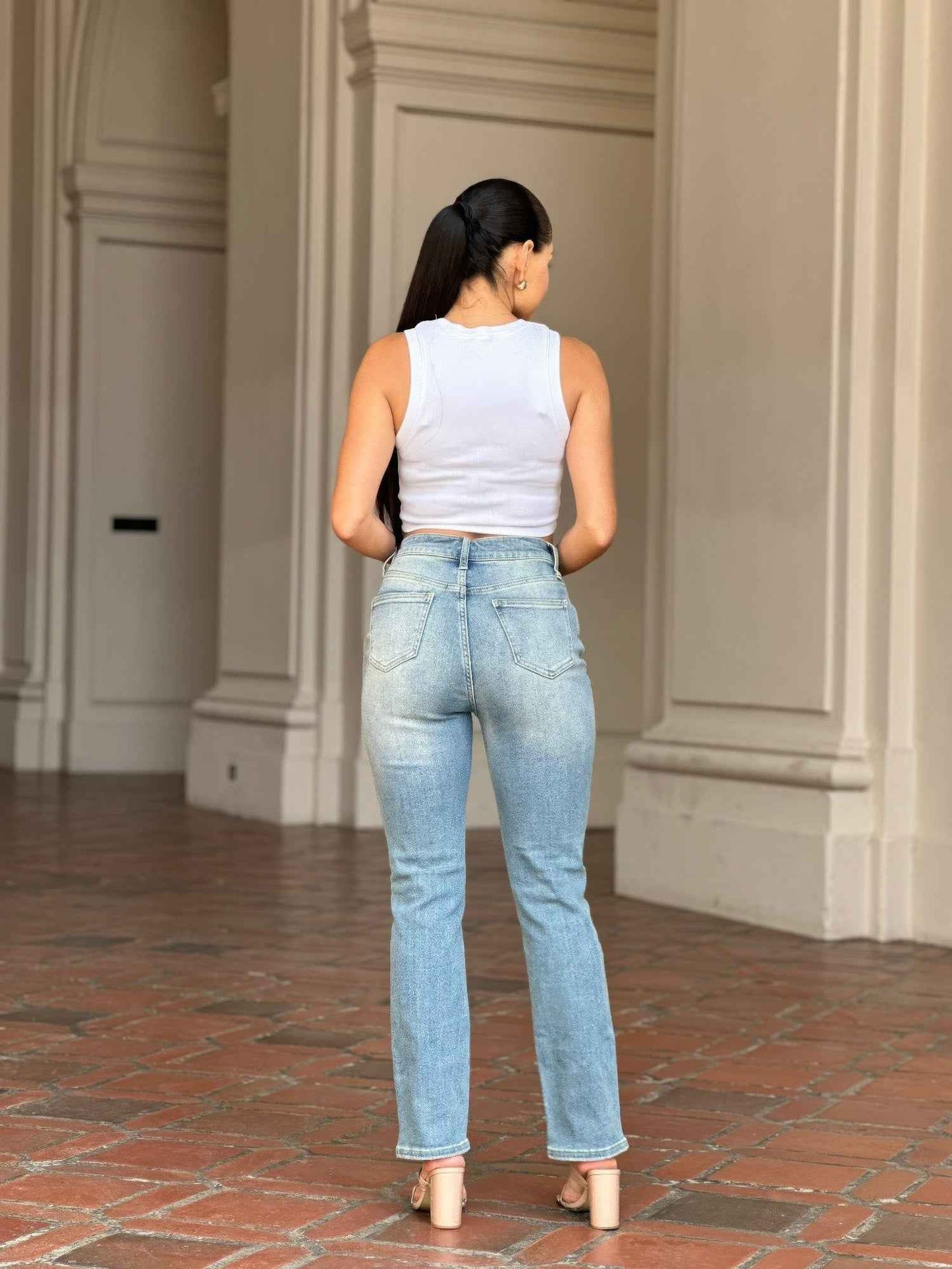 High Rise Cigarette Button Fly Straight Denim Jean