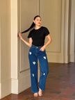 Embroidered Distressed Heart Wide Leg Denim Jean