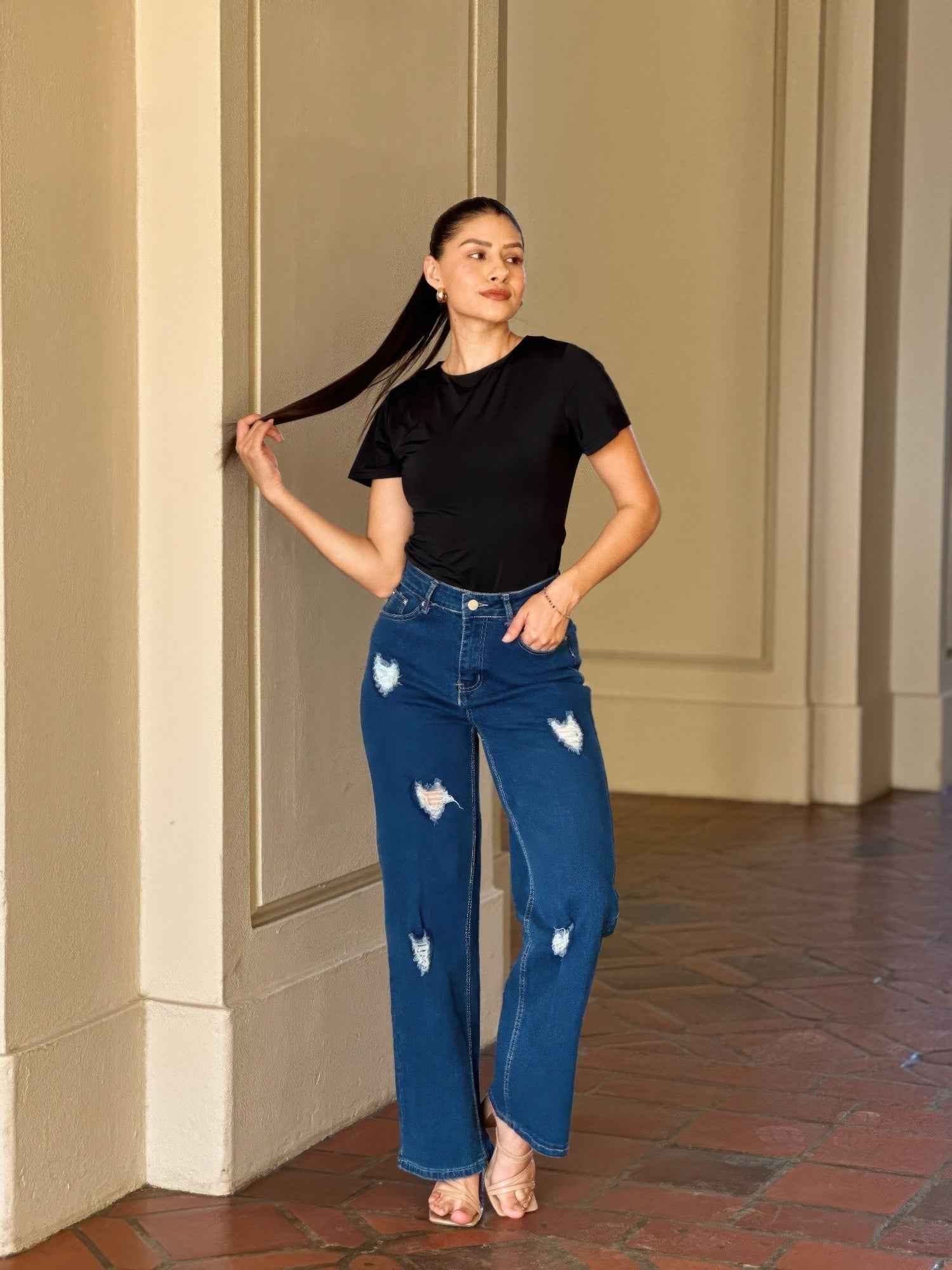 Embroidered Distressed Heart Wide Leg Denim Jean