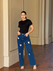 Embroidered Distressed Heart Wide Leg Denim Jean