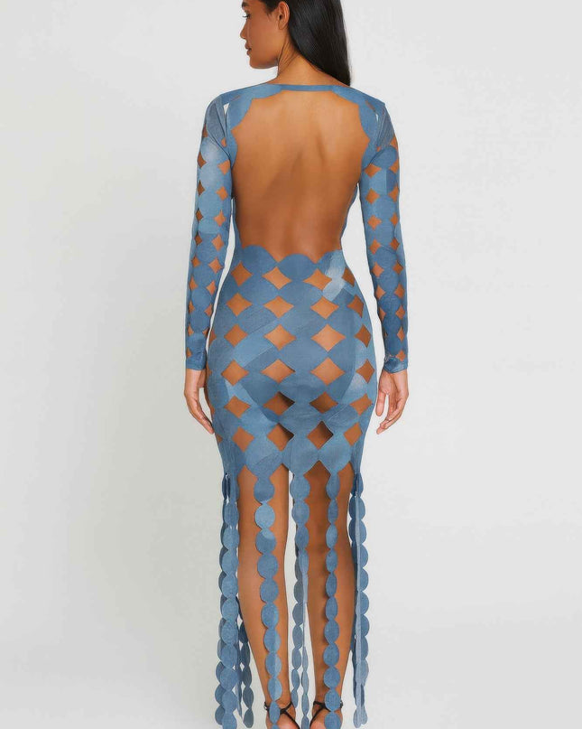 Denim Print Sexy Cut Out Maxi Dress