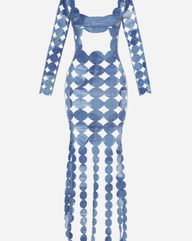 Denim Print Sexy Cut Out Maxi Dress