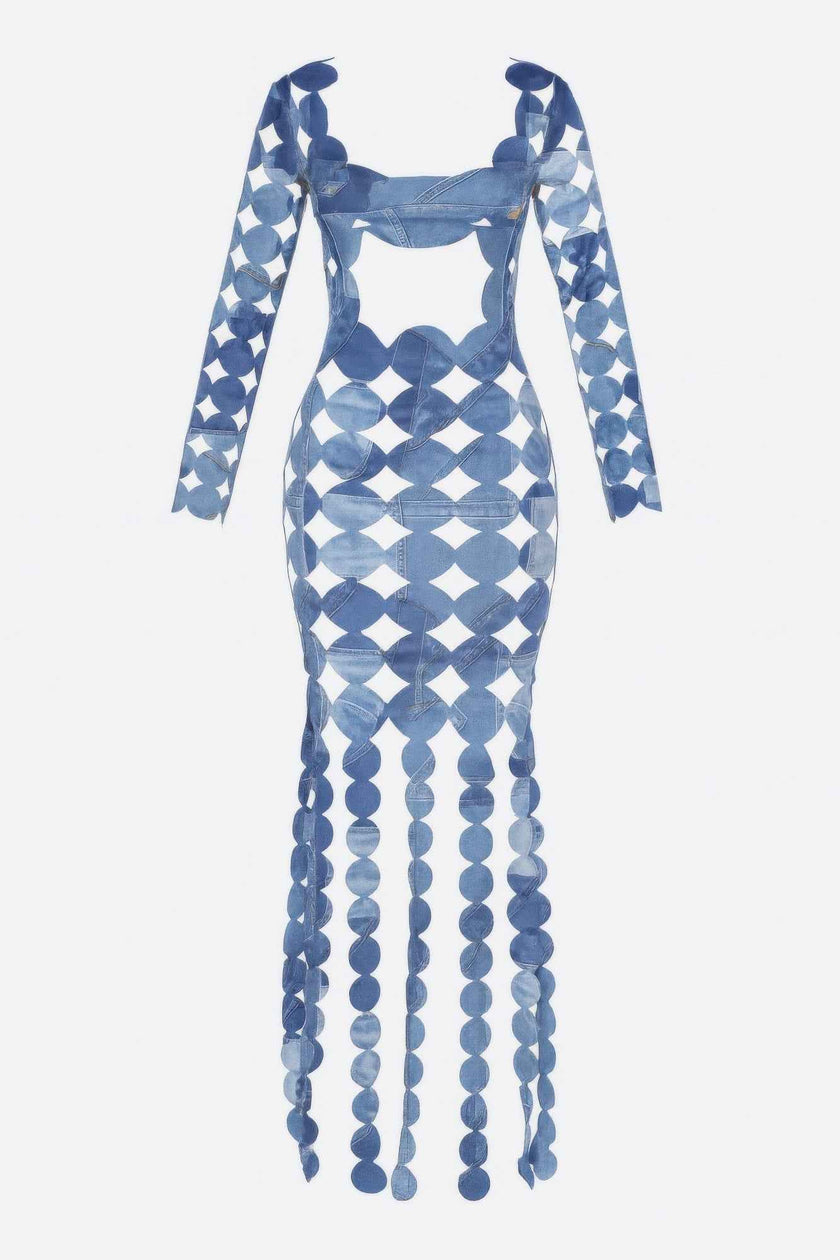 Denim Print Sexy Cut Out Maxi Dress