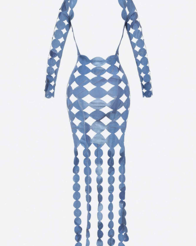 Denim Print Sexy Cut Out Maxi Dress