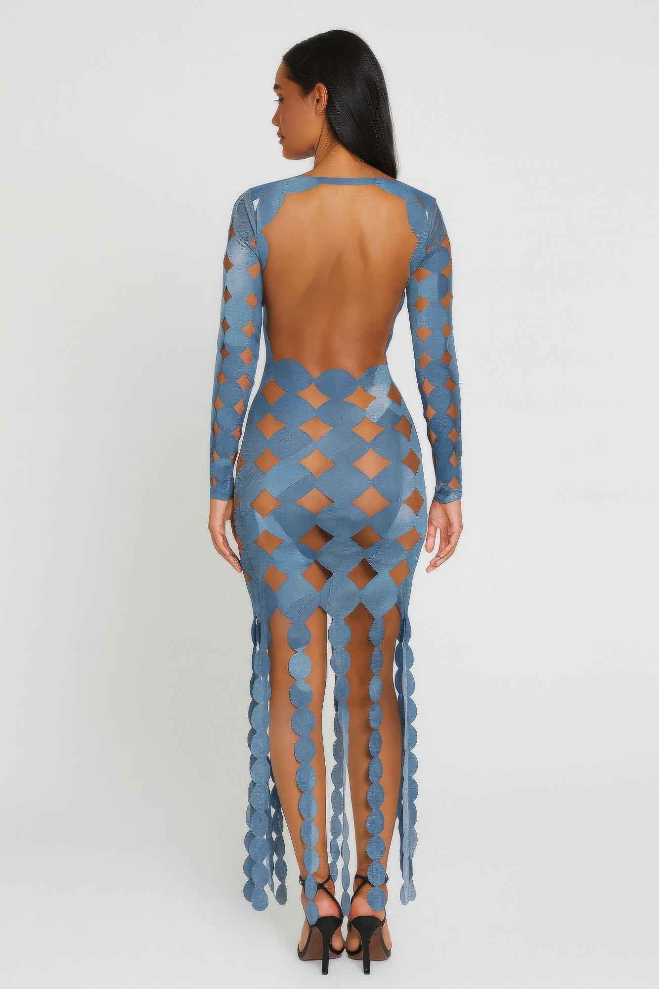 Denim Print Sexy Cut Out Maxi Dress