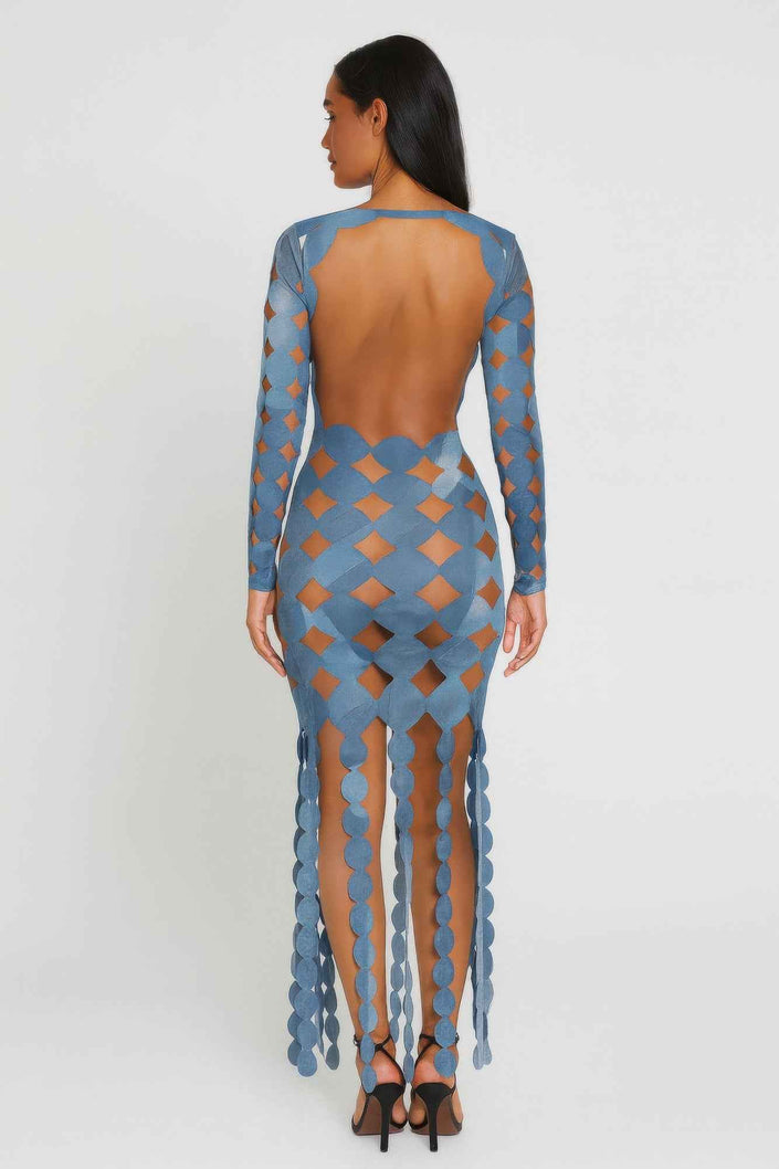 Denim Print Sexy Cut Out Maxi Dress