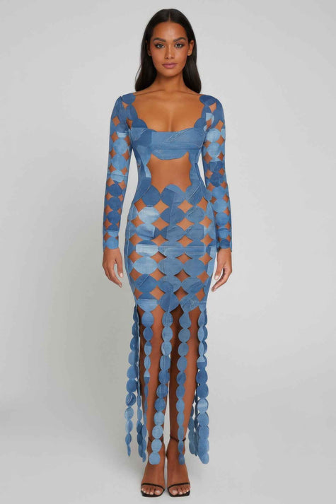 Denim Print Sexy Cut Out Maxi Dress