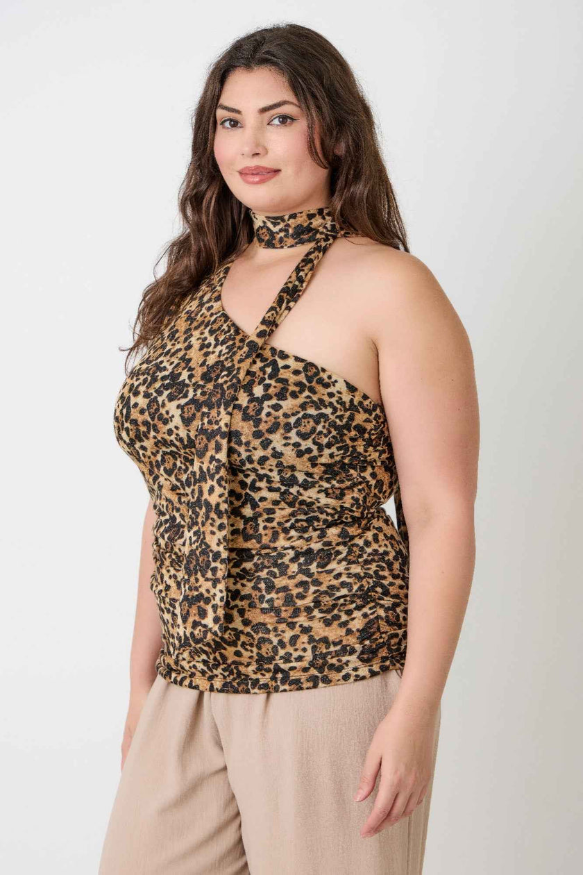 Leopard Print Halter Top With Neck Tie Detail