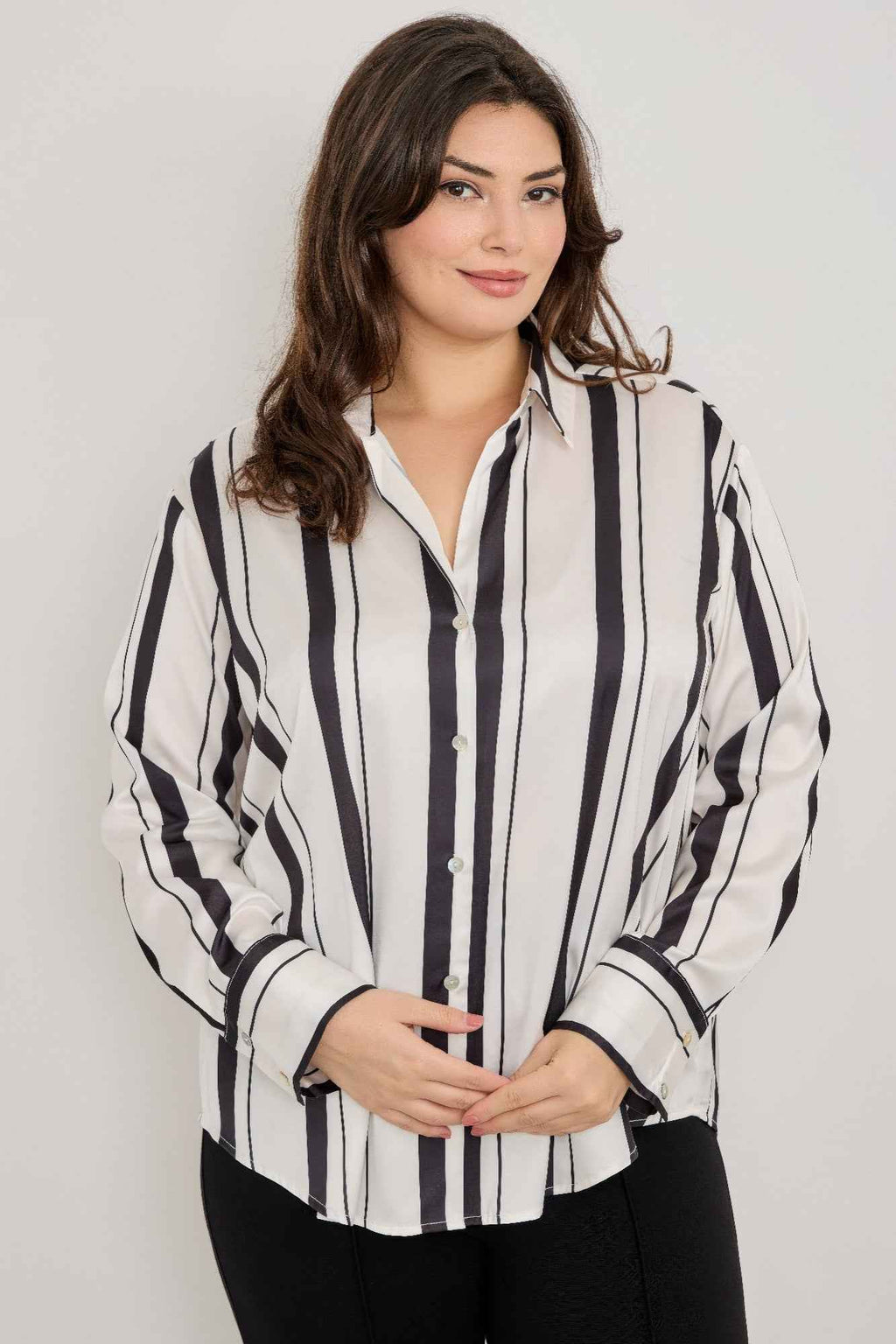 Plus Size Vertical Stripe Button Down Blouse