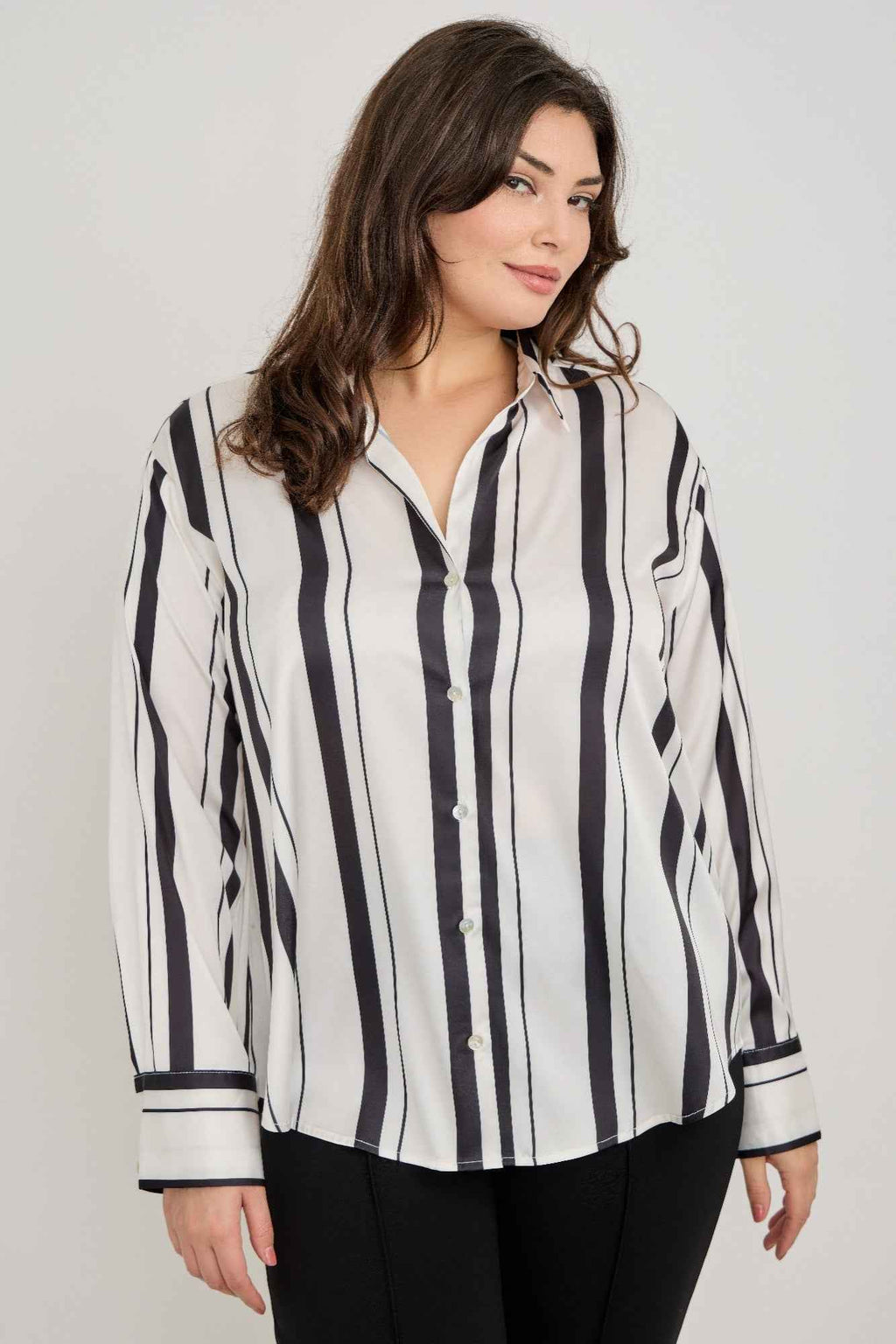 Plus Size Vertical Stripe Button Down Blouse