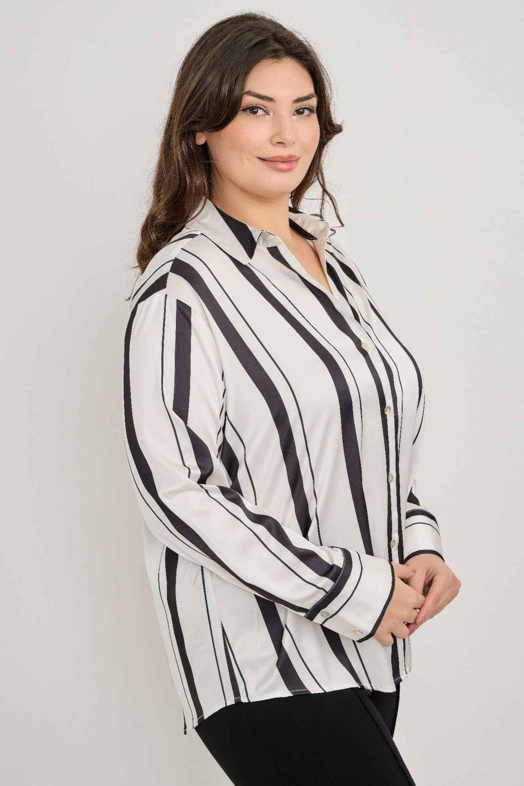 Plus Size Vertical Stripe Button Down Blouse