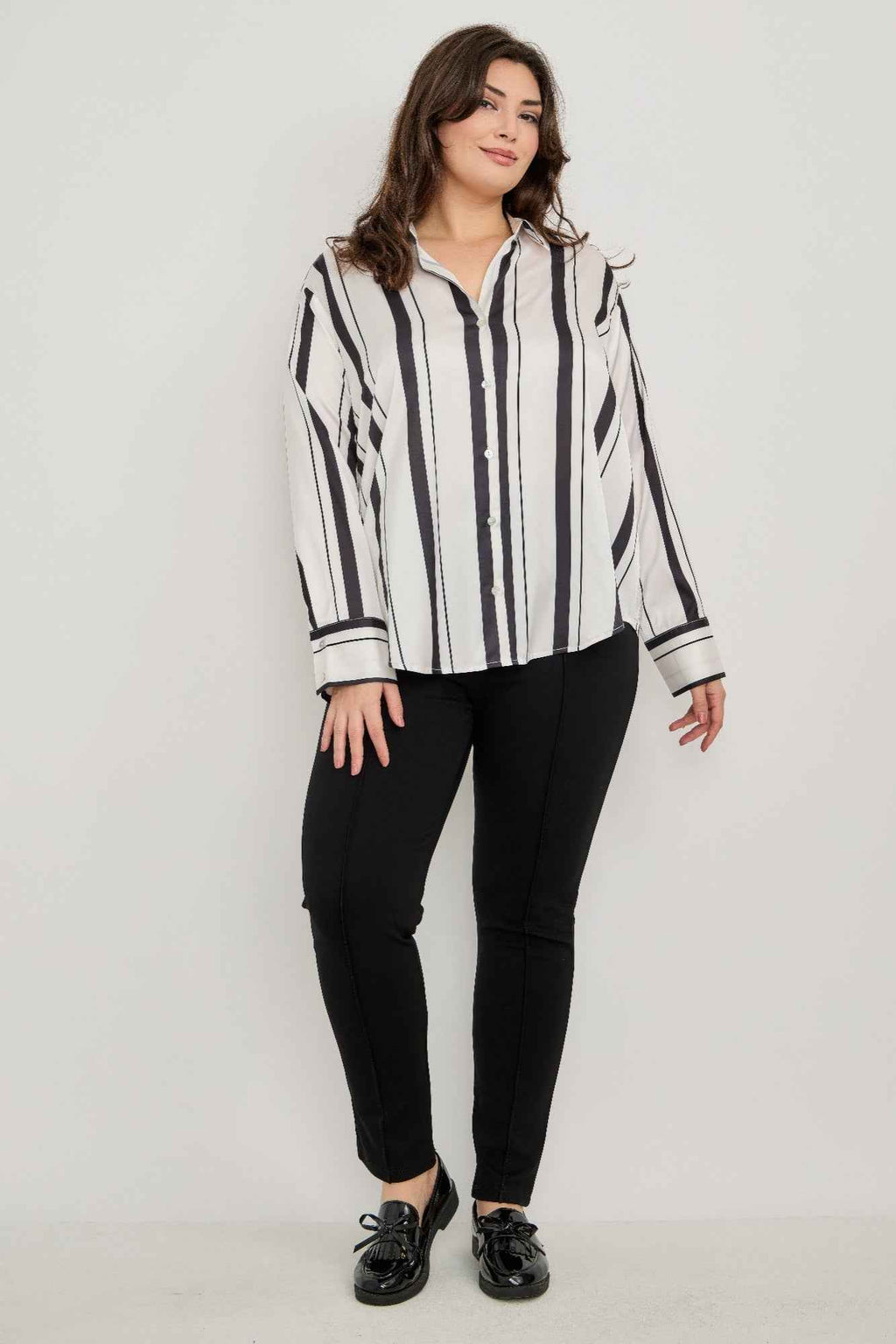Plus Size Vertical Stripe Button Down Blouse