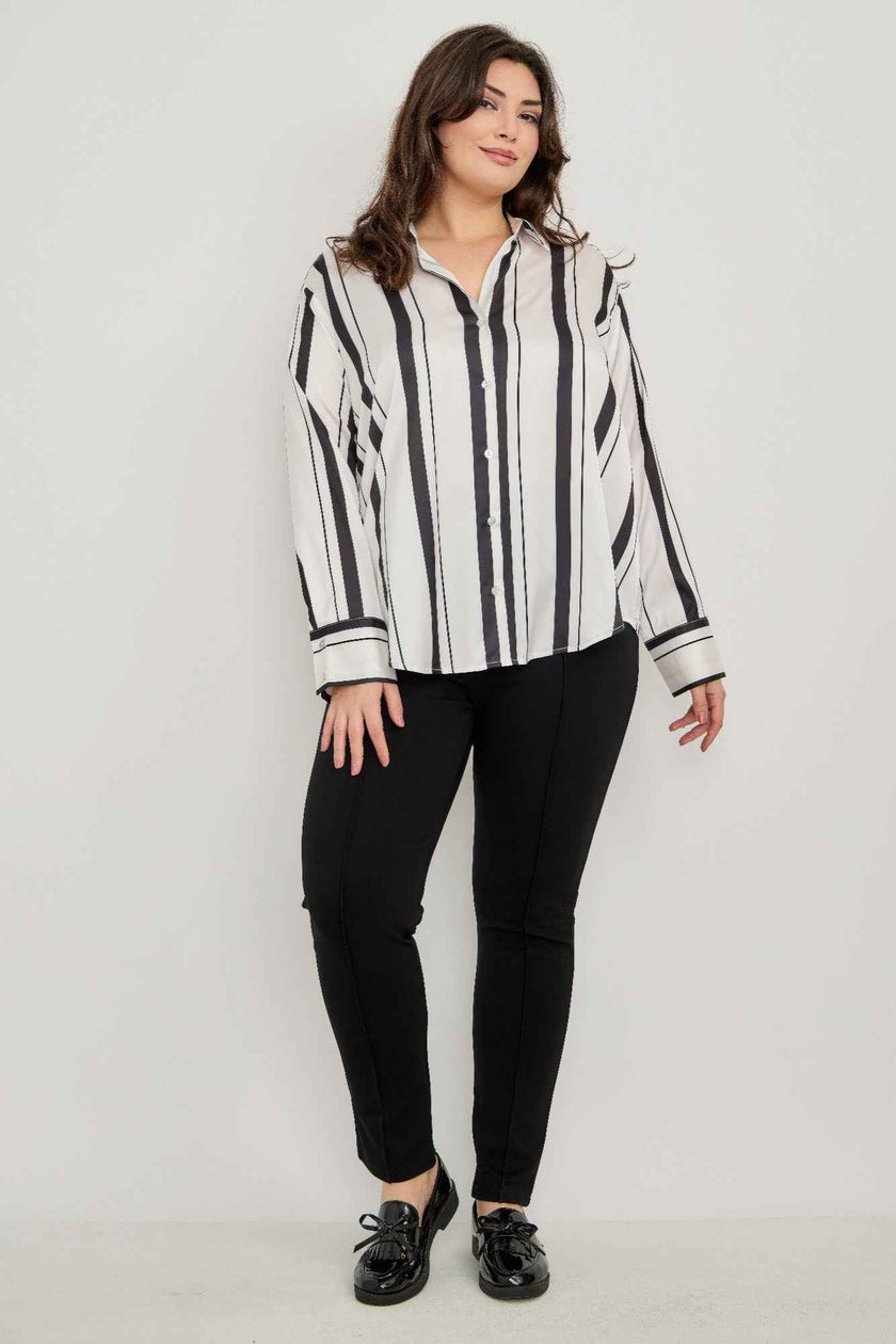Plus Size Vertical Stripe Button Down Blouse