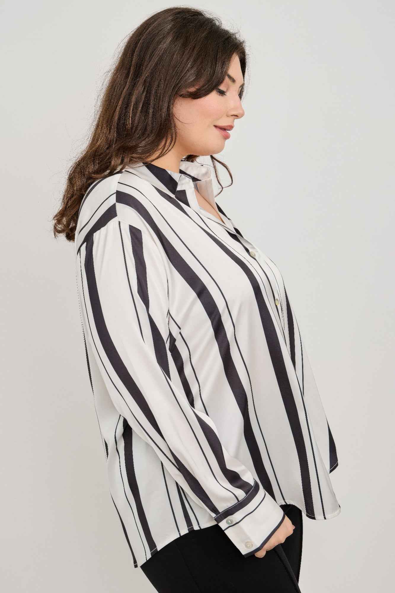 Plus Size Vertical Stripe Button Down Blouse