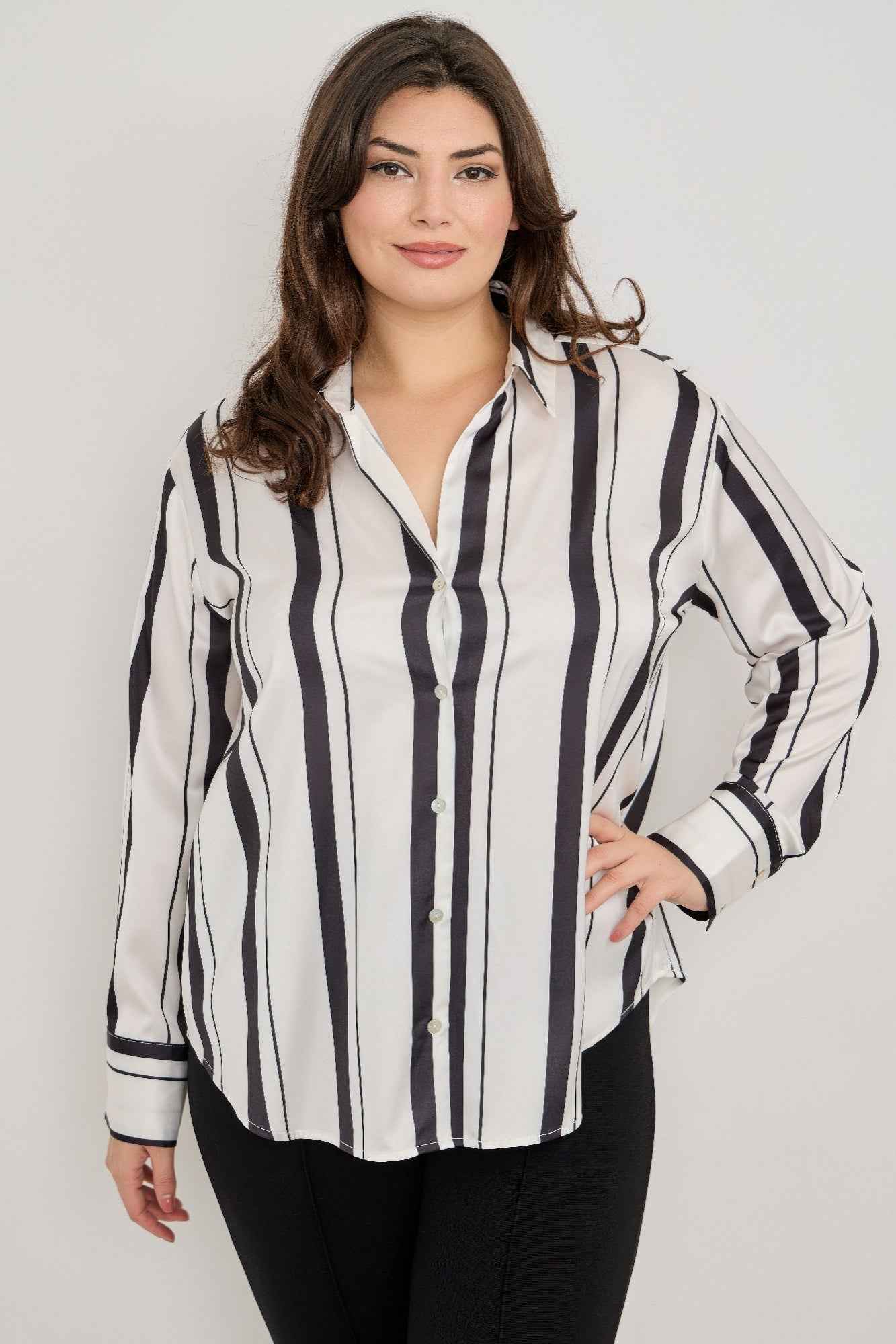 Plus Size Vertical Stripe Button Down Blouse